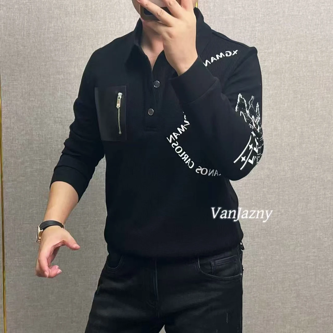 【VanJazny】新款高端男士时尚针织翻领纽扣字母卫衣81010