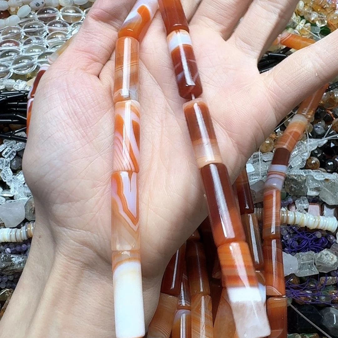 玛瑙/玉髓未镶嵌珠宝半成品一条10x30m蚕丝玛瑙桶珠