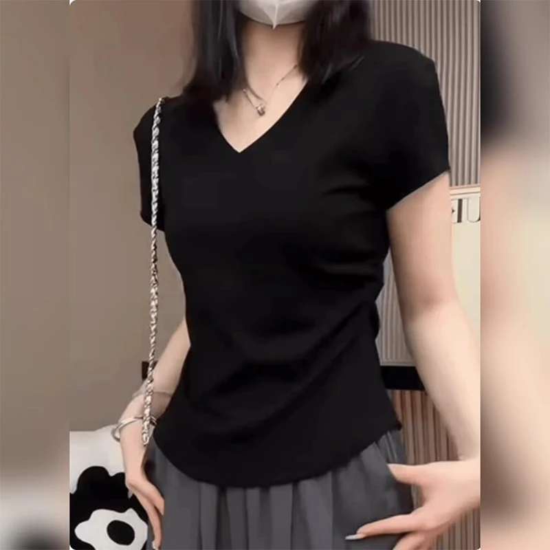 大码黑色v领正肩短袖t恤女夏季胖mm法式收腰褶皱不规则巨好看上衣