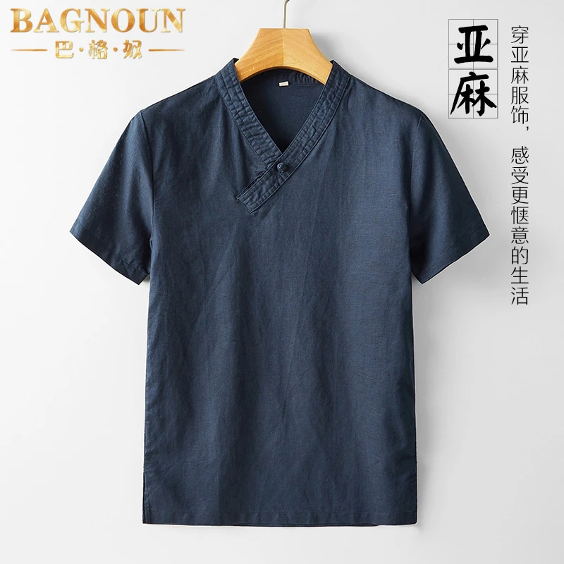 巴格奴亚麻短袖T恤男士夏季新款时尚高端宽松中国风棉麻盘扣n上衣
