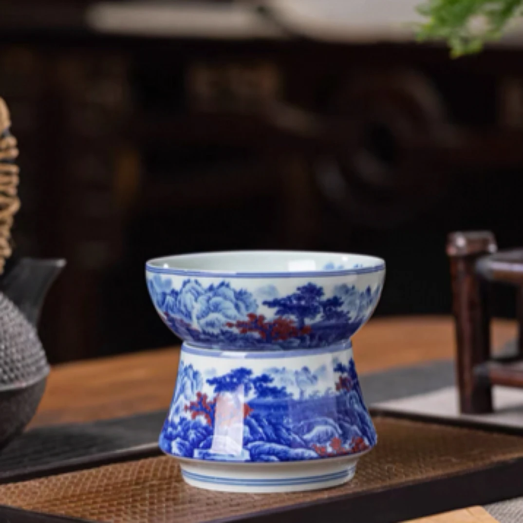 景德镇复古青花山水茶漏茶叶过滤网全瓷一体茶隔陶瓷家用茶具零配