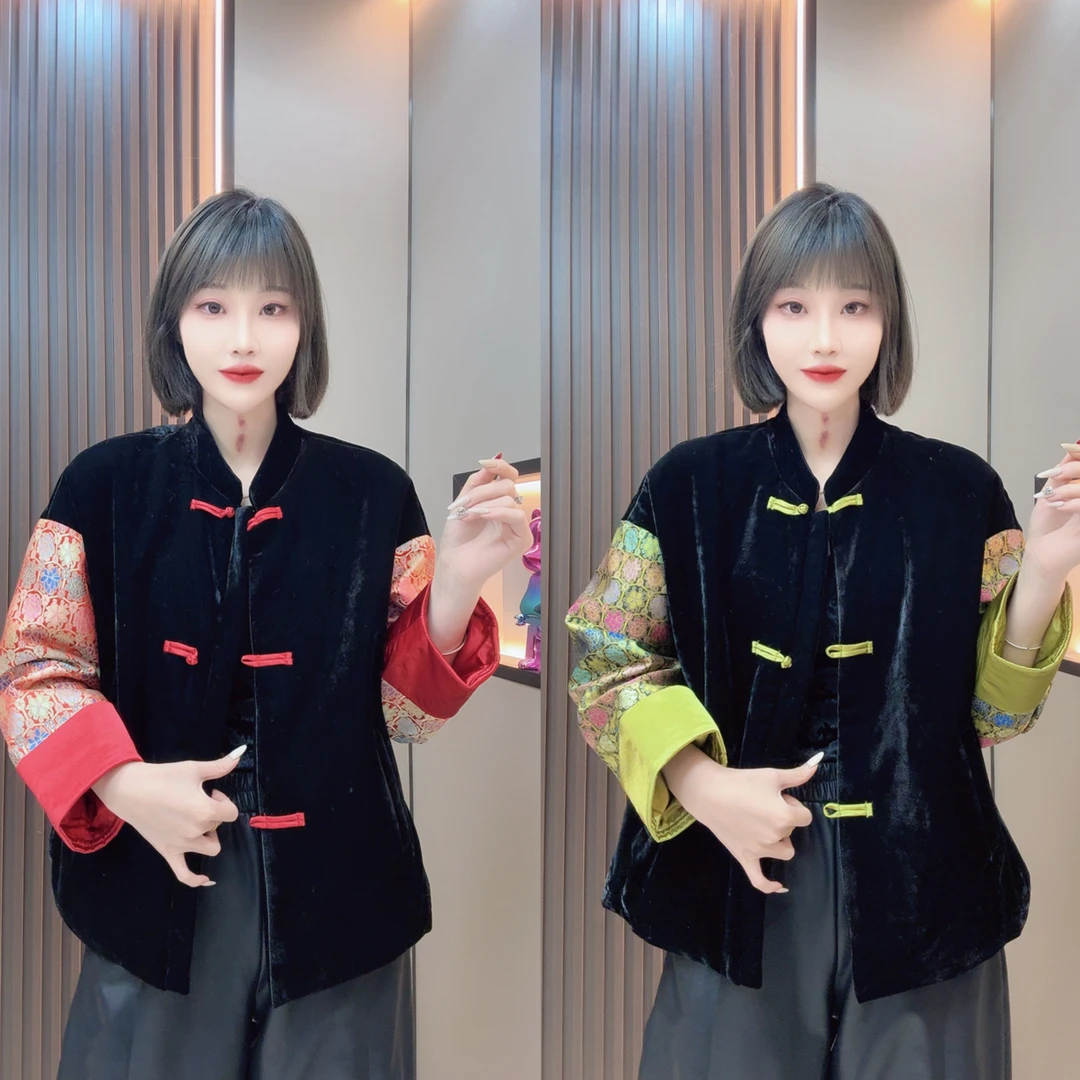 敏宝＋2057新中式拼接袖丝绒盘扣加棉保暖棉服外套女冬季厚款长袖