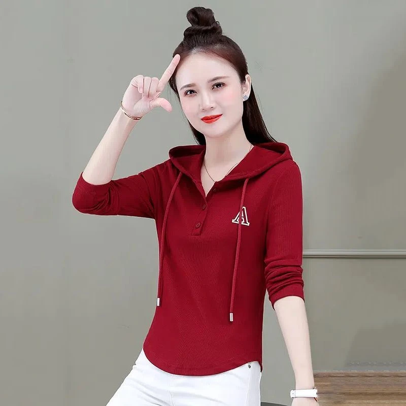 长袖女t恤打底衫女2025春秋季新款连帽小个子薄款显瘦上衣洋气