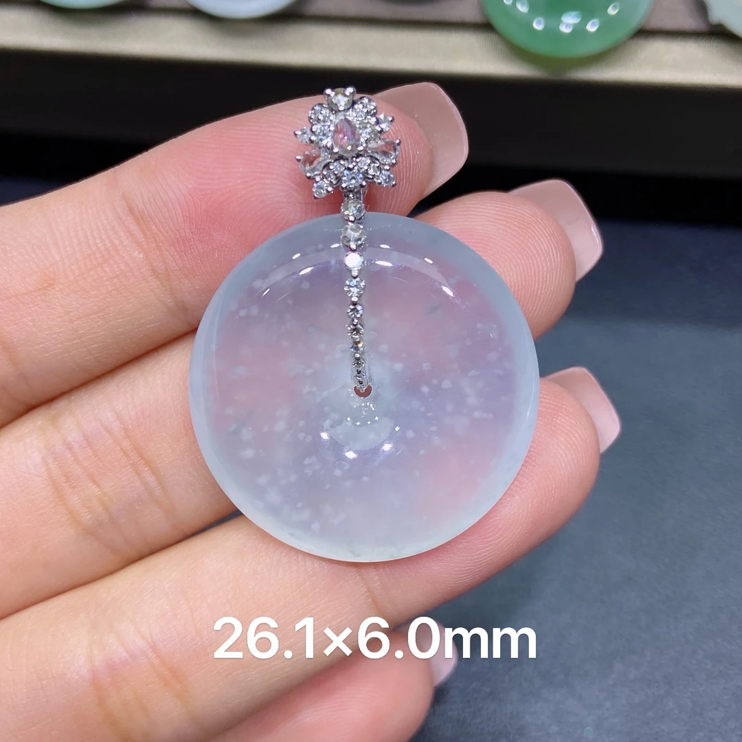 缅甸天然A货翡翠 老坑高冰种18k白冰意境雪花棉平安扣吊坠 k002