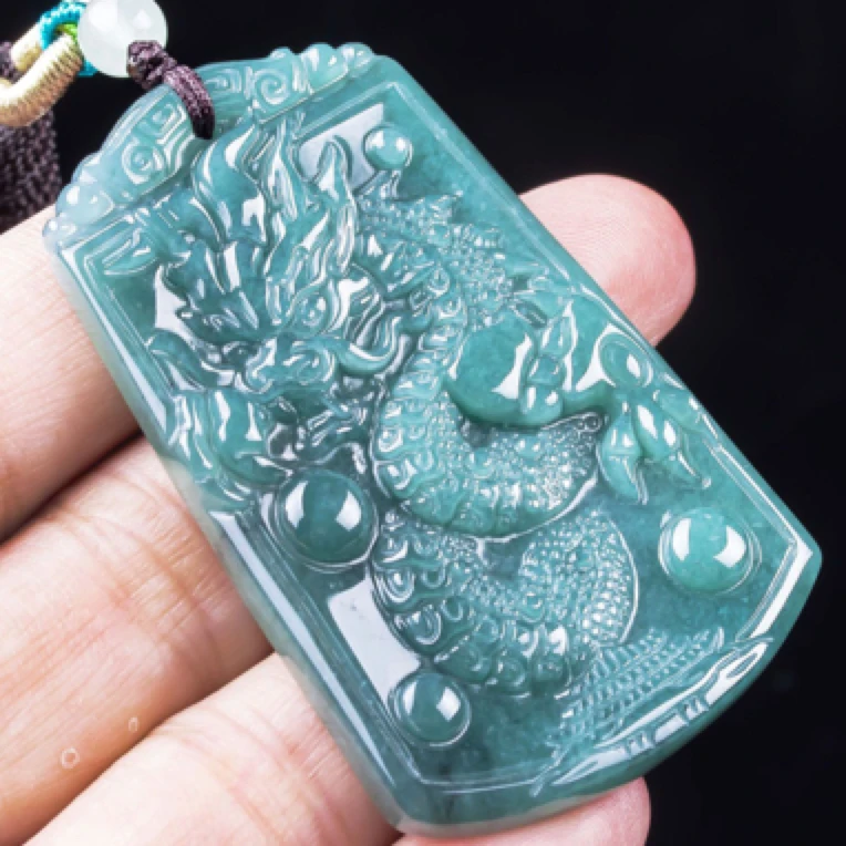 天然A货翡翠蓝水霸气神龙戏珠挂件男女招财龙牌吊坠挂坠送礼吉祥