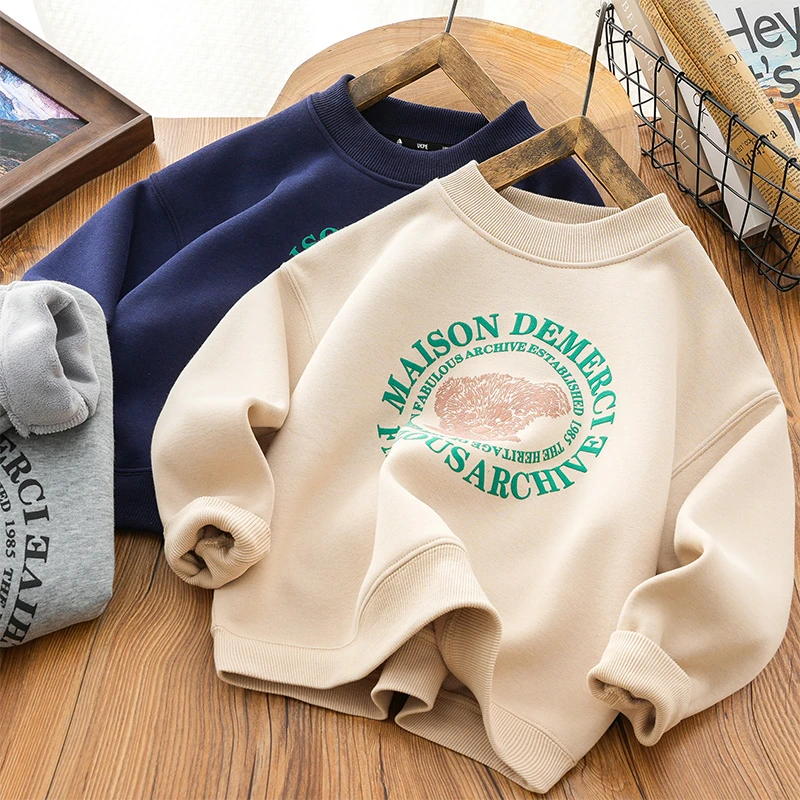 儿童冬季小熊字母印花简约加绒圆领卫衣中大童休闲上衣24D59