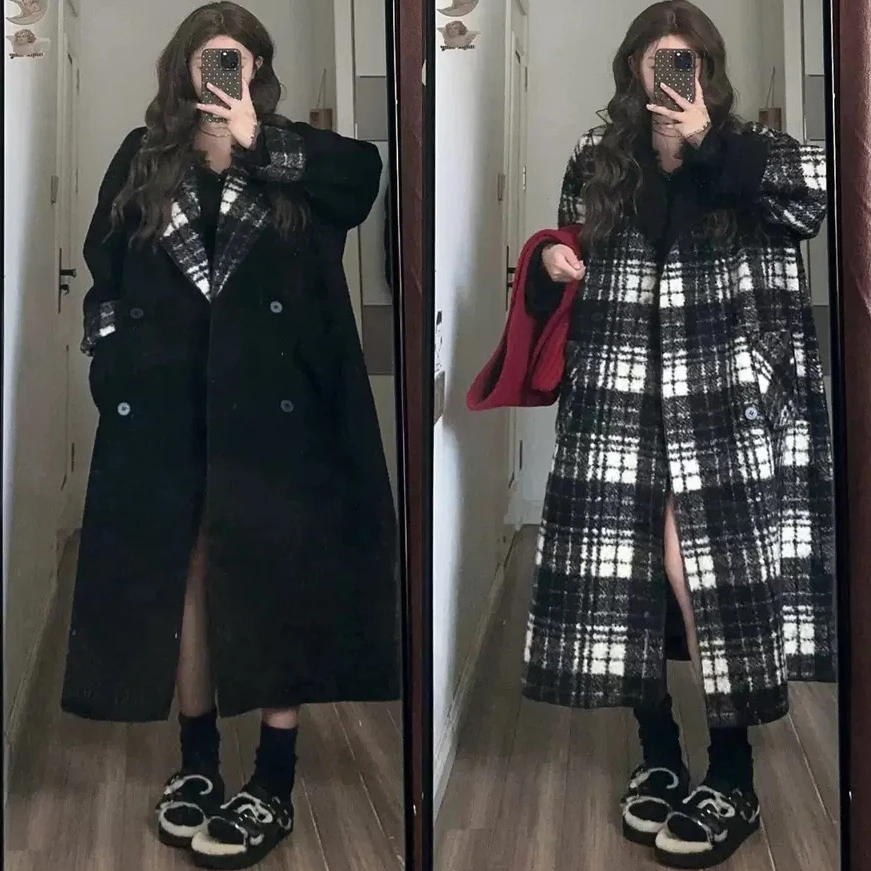 300斤大码黑白格子大衣胖mm复古高级感气质翻领格子大衣女冬款