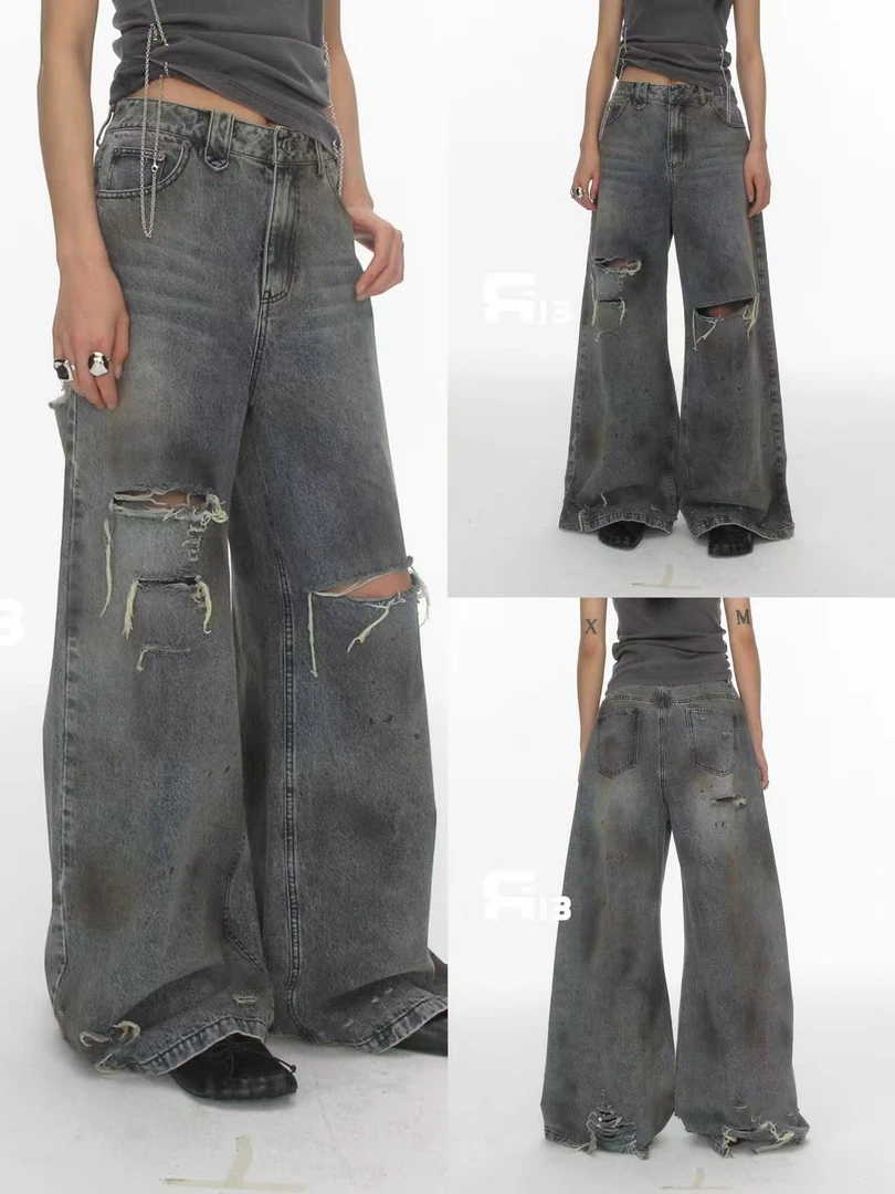 福秒-破洞裤！洗水做旧款！直筒微阔牛仔裤（13R8386#）R13