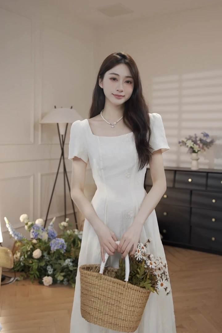 鹿向南[花影云裳]新款夏季透气轻薄显瘦法式仙气刺绣圆领连衣裙