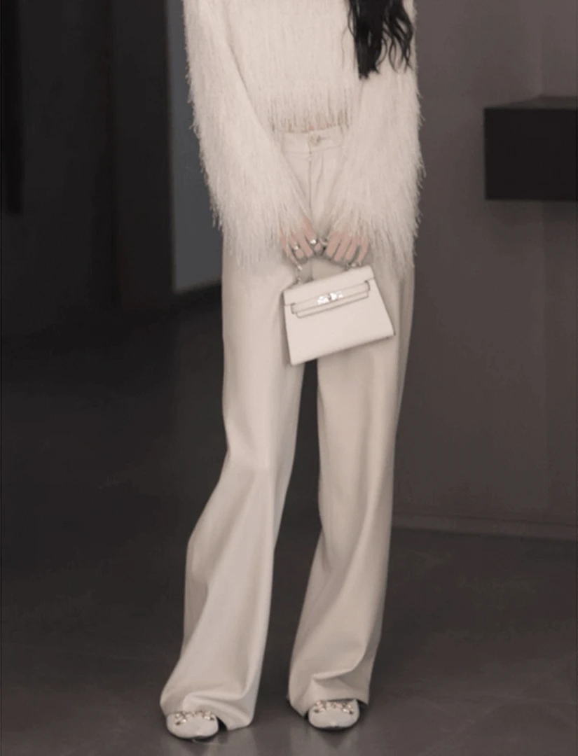 白色高腰阔腿加绒休闲皮裤秋冬新款女