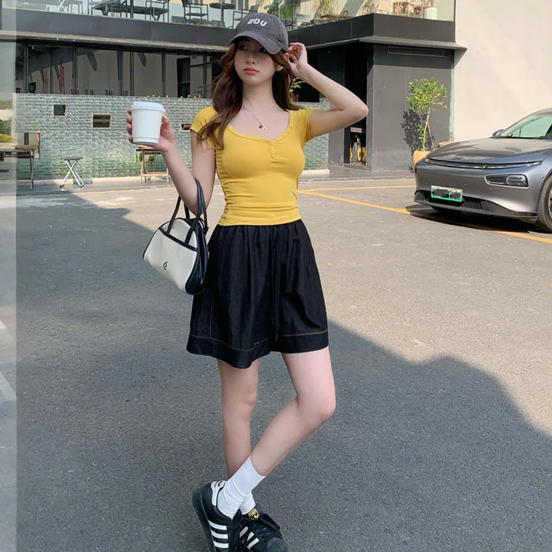 夏季纯色百搭抽绳牛仔短裤女简约薄款亲肤休闲显瘦阔腿裤8027