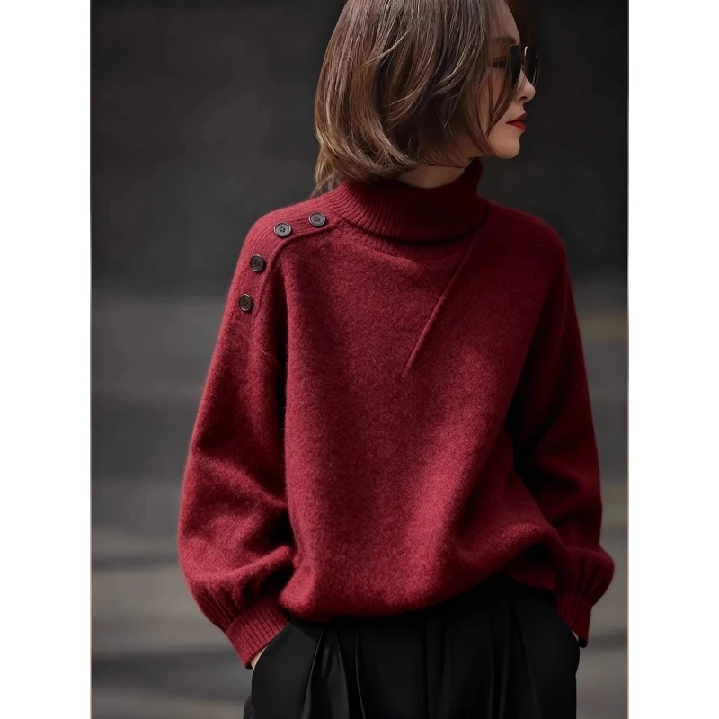 韩版慵懒风复古红色半高领毛衣冬季2025新款女装时尚百搭针织上衣