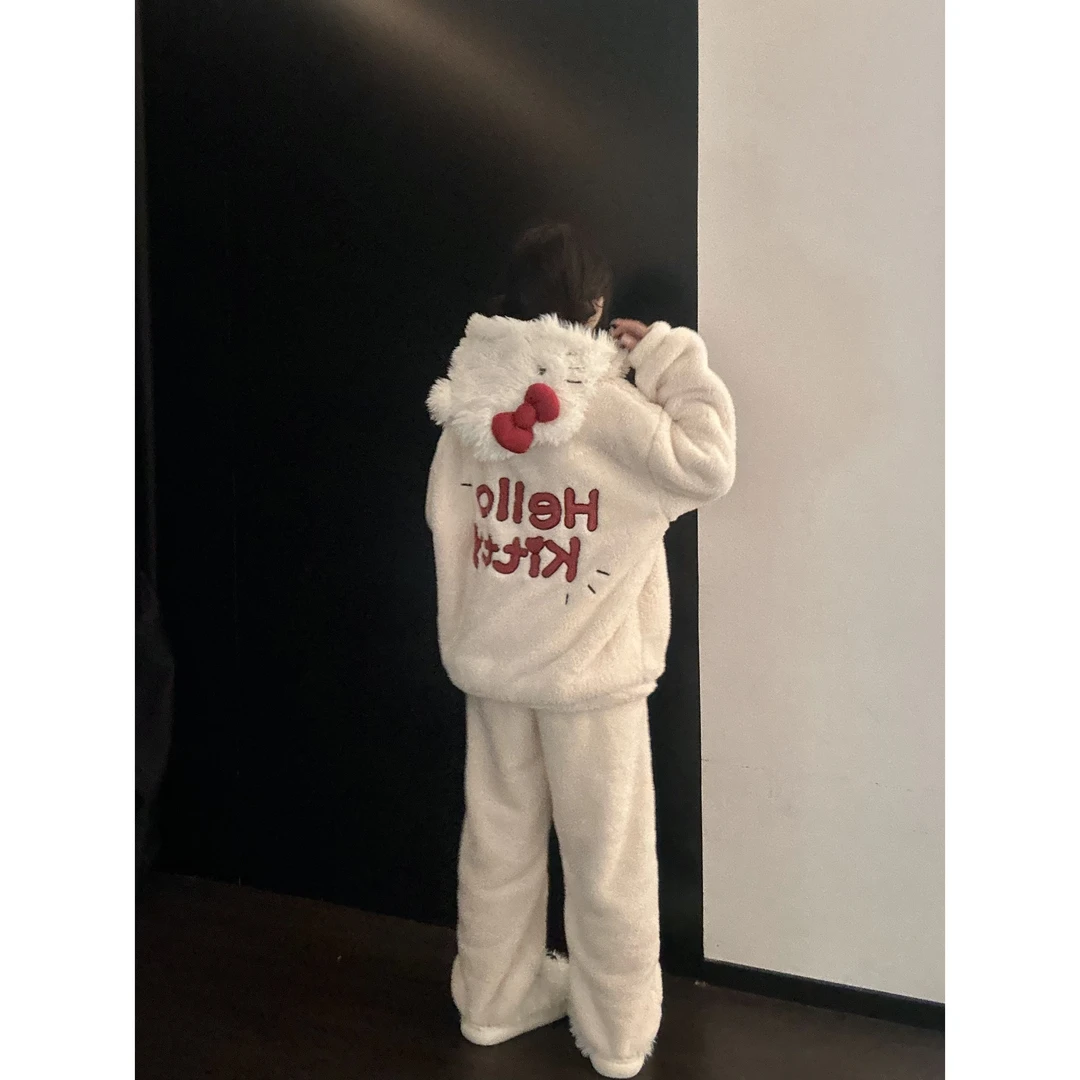 少女可爱Kitty猫连帽珊瑚绒睡衣女款冬季加厚保暖毛绒家居服套装