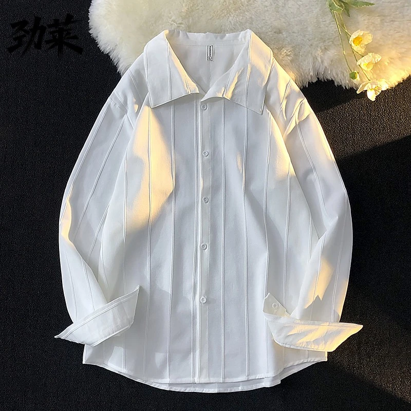 劲莱欧洲站春秋款休闲百搭小众男士长袖衬衫成熟韩式纯色宽松衬衫