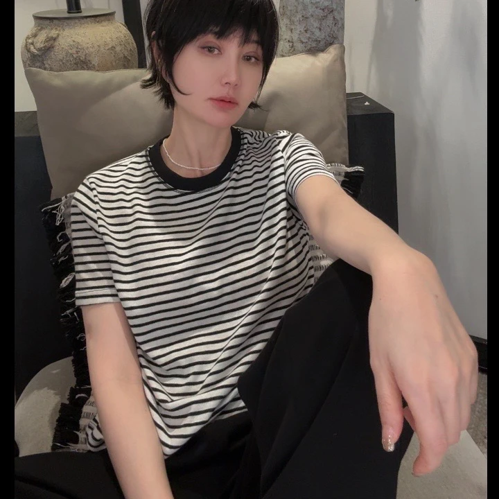 KOKO WANG早春时尚气质撞色条纹显瘦百搭打底衫T恤461265B06T42