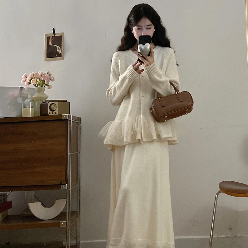 包包专属大码秋季新款温柔慵懒显瘦针织上衣+半身裙套装9082