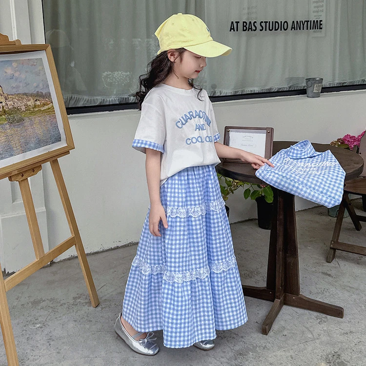 【丫丫童装】2025夏季新款女大童格子裙短袖套装休闲百搭K593