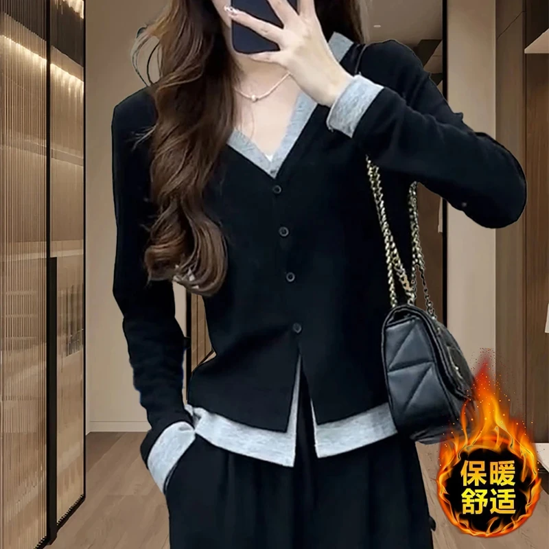 假两件拼接长袖针织衫女加绒秋冬新款小个子修身显瘦正肩打底上衣