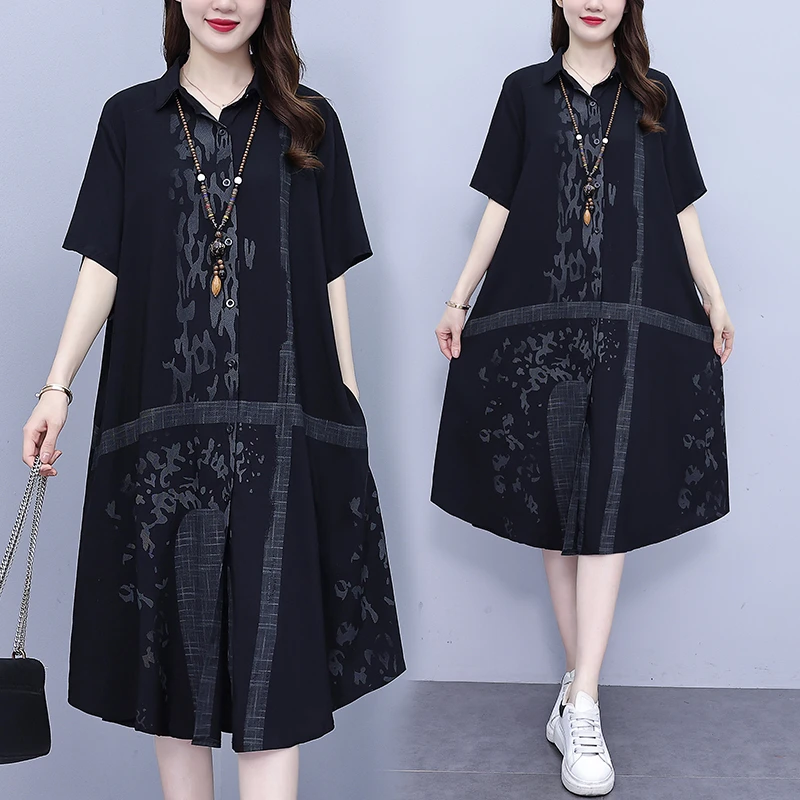 大码女装2025夏季新款时尚印花宽松显瘦连衣裙减龄遮肉气质裙