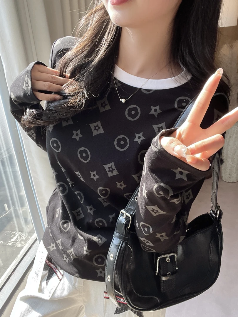 【清清】星星长袖修身2024新款打底t恤女时尚印花圆领休闲WPL1349