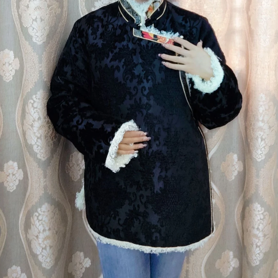 雪妮尔绒提花藏式花边ins棉袄冬季