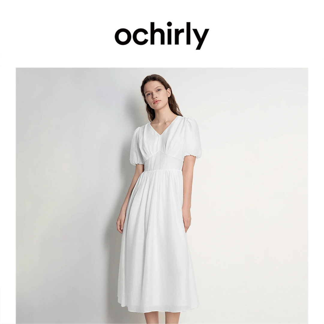 天丝薄提花法式桔梗裙ochirly欧时力度假连衣裙夏气质雅丹风