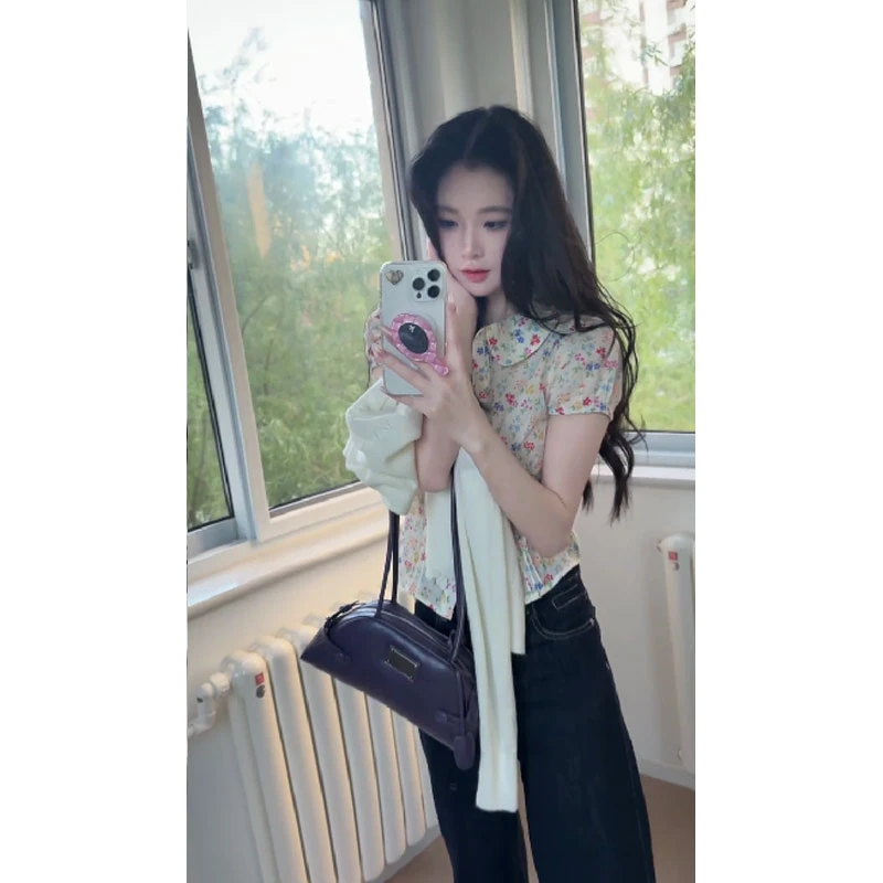 2025新款夏季韩系短袖衬衣春野藤花泡泡袖碎花上衣配时尚显瘦长裤