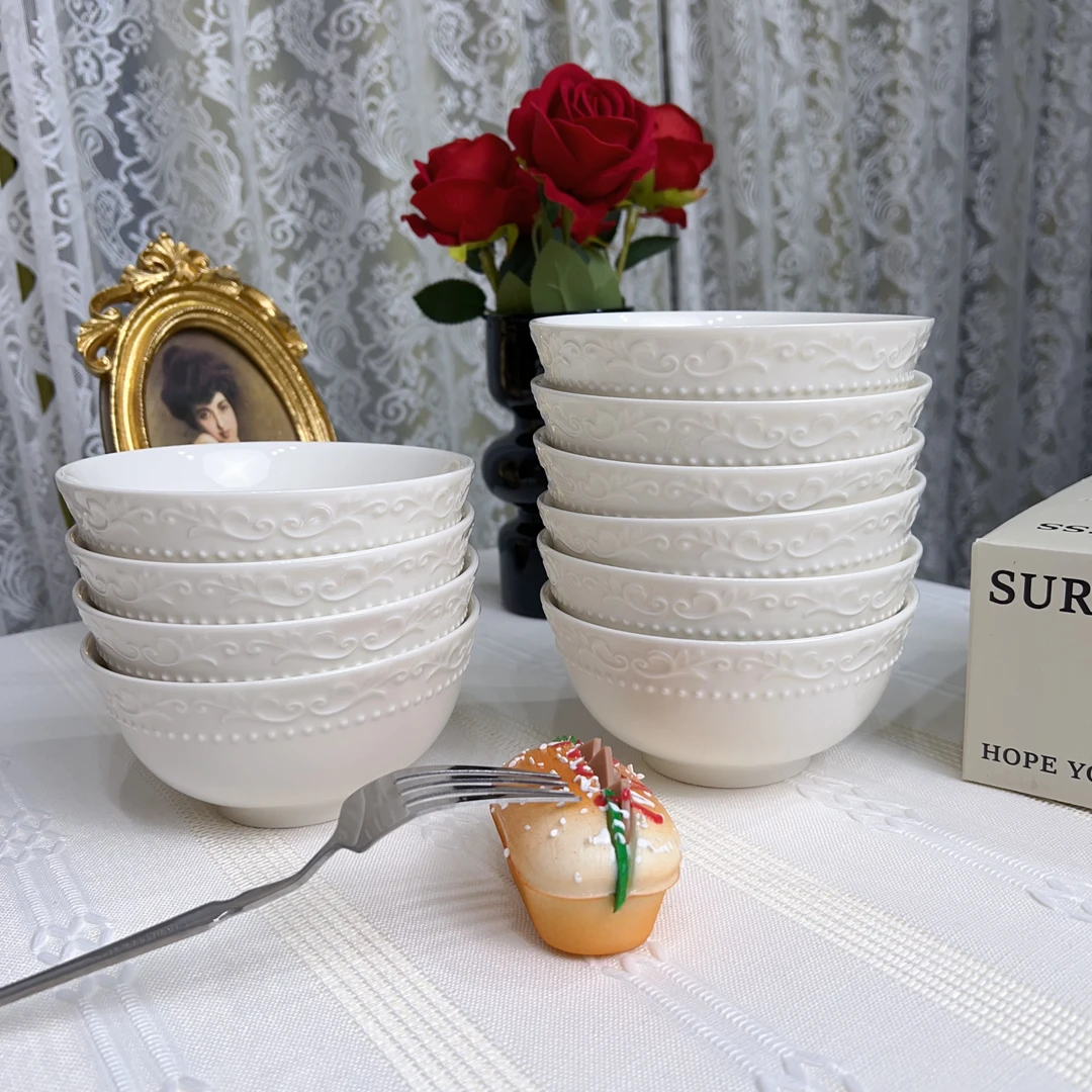 10个装5.25寸汤饭高温浮雕面碗欧式白茶碗瓷碗面碗奶茶釉下彩浮雕