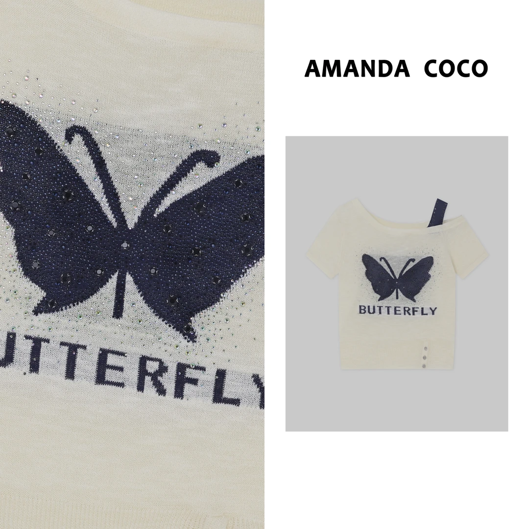 灿灿# 薄款烫钻蝴蝶刺绣百搭露肩短袖针织衫