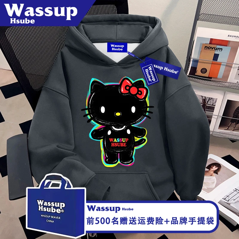 WASSUP HSUBE秋冬男女连帽套头上衣炫酷凯蒂猫印花美式深灰色卫衣