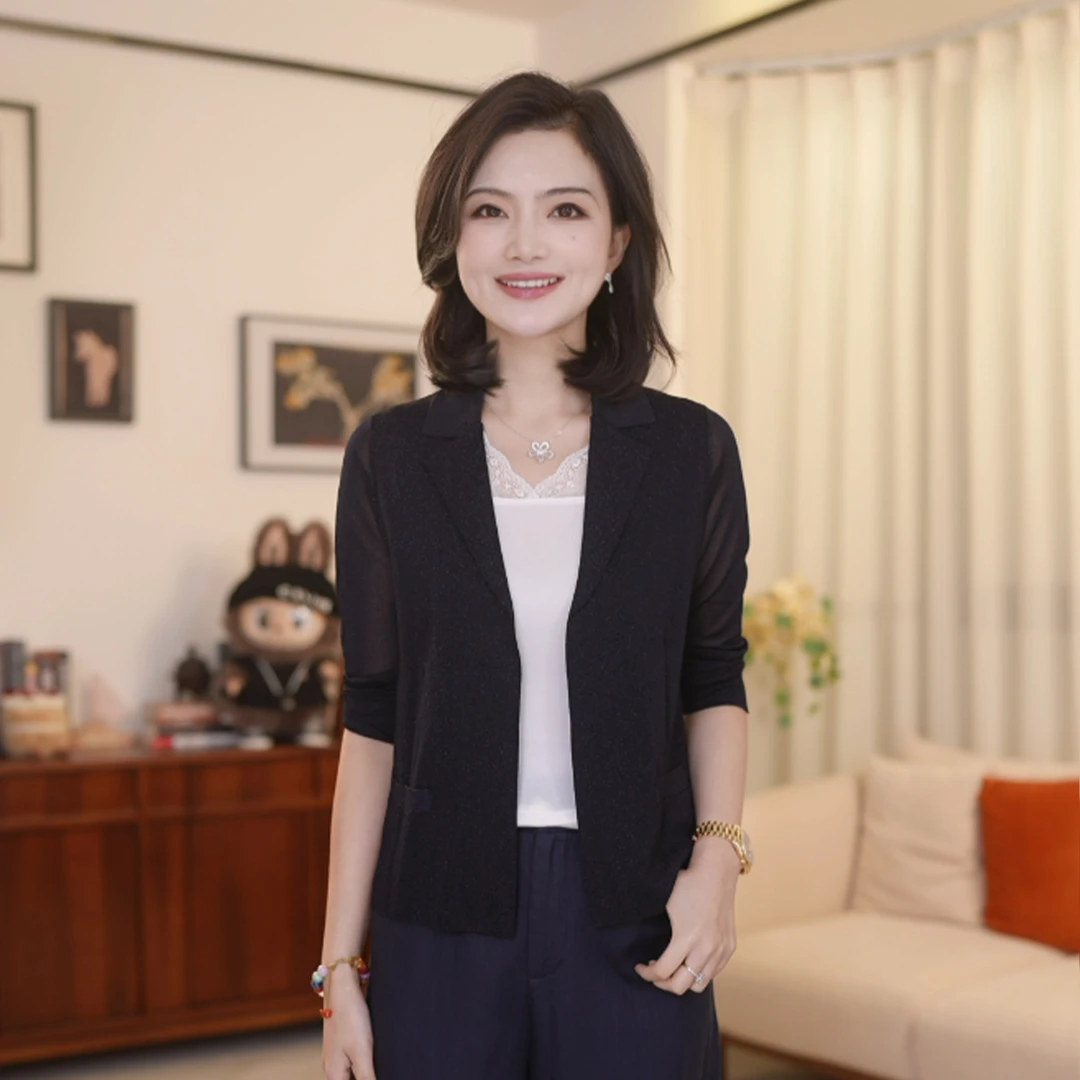 枫竺阿楠anan翻领纯色简约亮丝开衫女夏季薄款针织外套西装上衣