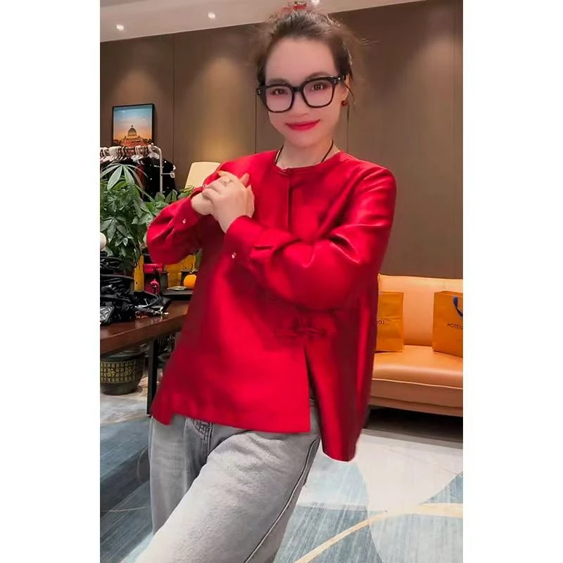 2025春秋纯色轻奢缎面长袖国风盘扣圆领衬衫欧洲站新款时尚上衣女