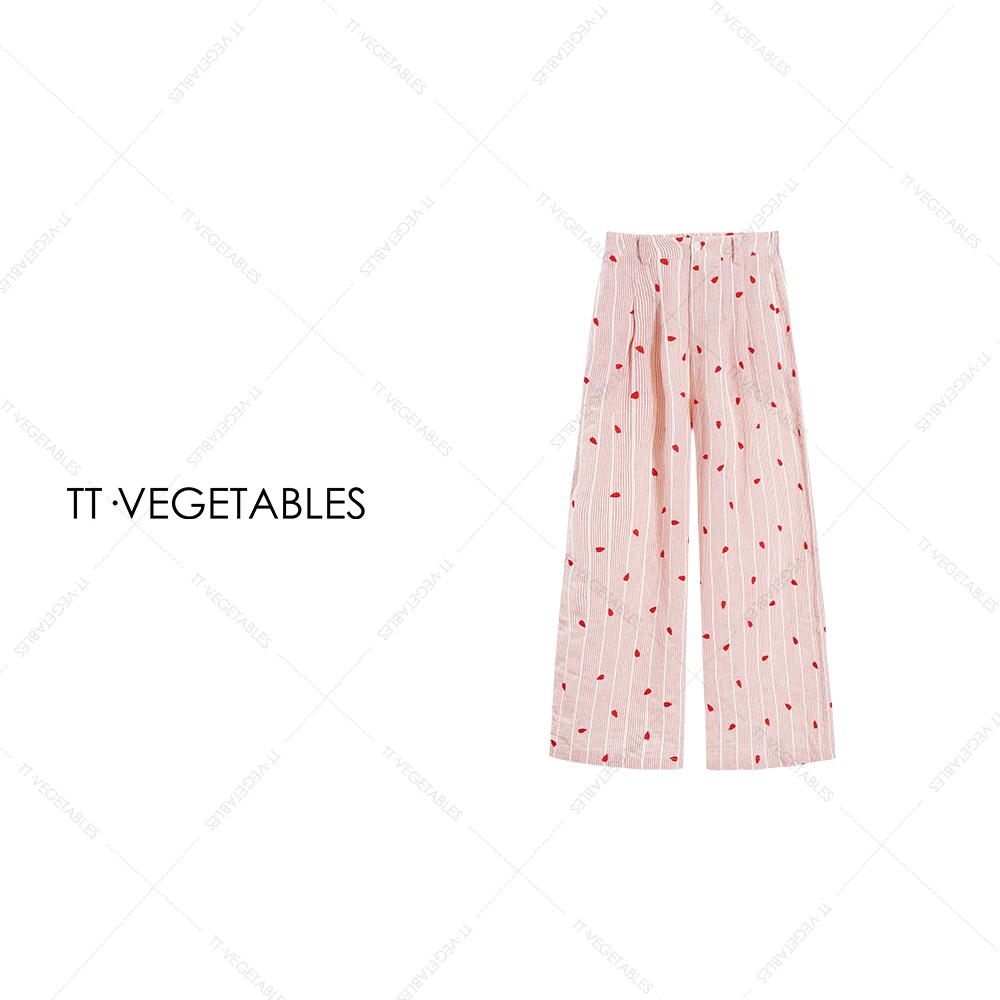 TT・VEGETABLES【序白】柔尘红雾 纯棉直筒裤高腰阔腿裤子512183