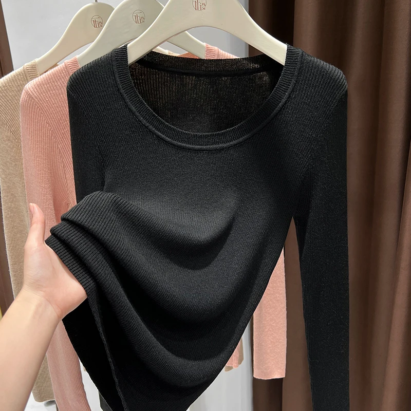 时尚黑色长袖圆领薄款T恤针织衫上衣女内搭修身春季新款打底小衫