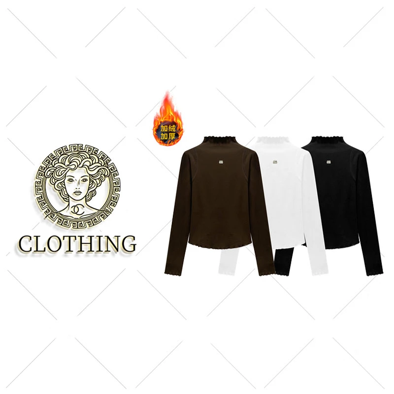 【CLOTHING/原创设计】68569#时尚半高领木耳边T恤2025秋冬百搭上衣