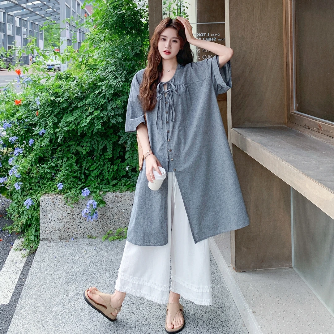 韩里韩气套装女夏今年流行爆款灰色中长款设计感衬衫阔腿裤两件套