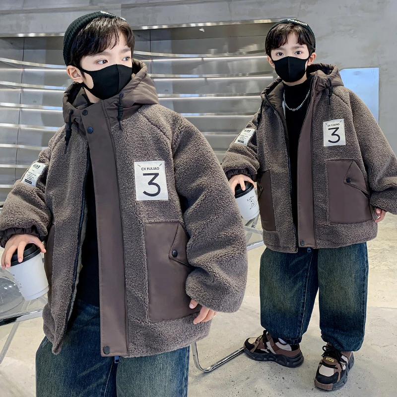 男童加绒洋气加厚毛毛衣棉服冬季中大童帅气韩版羊羔绒棉衣儿童潮