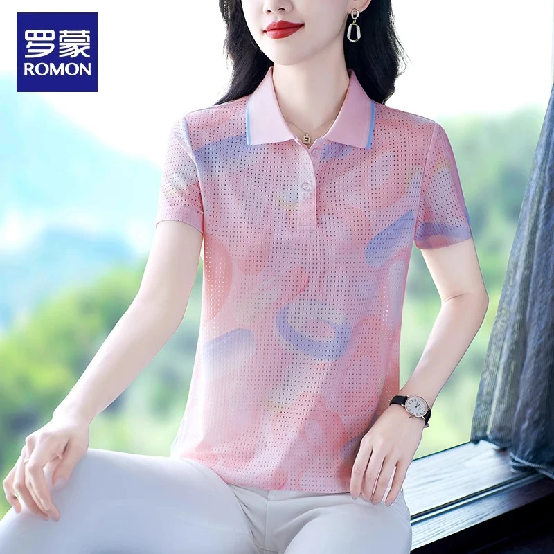 罗蒙印花短袖t恤女夏季2025新款时尚女士体恤polo领小衫休闲上衣
