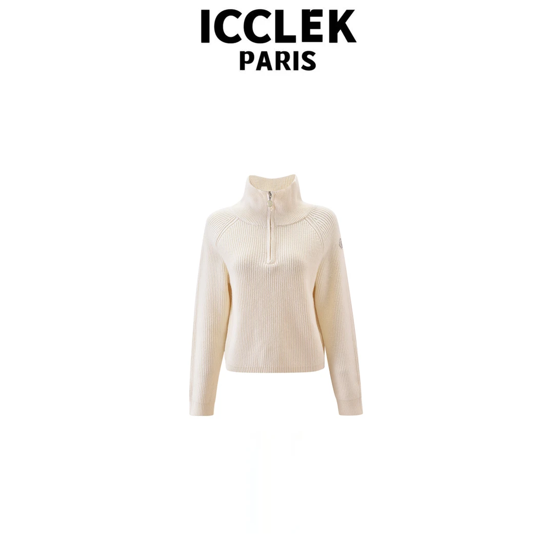 ICCLEK 白色翻领长袖针织衫气质轻奢名媛减龄百搭拉链上衣 - 5112