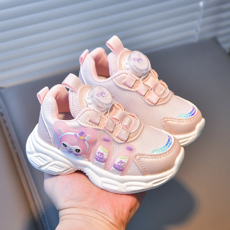 女童2025年春季新款儿童老爹鞋旋转纽扣卡通闪灯鞋软底透气公主鞋
