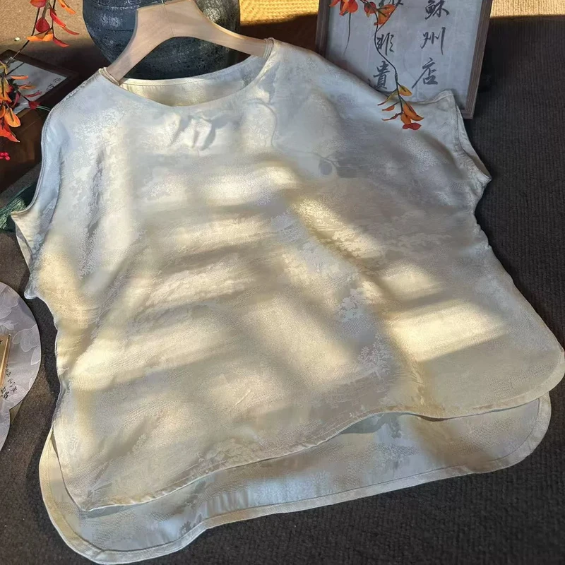 夏季新款新中式国风简约百搭提花花萝丰兰苑圆领上衣