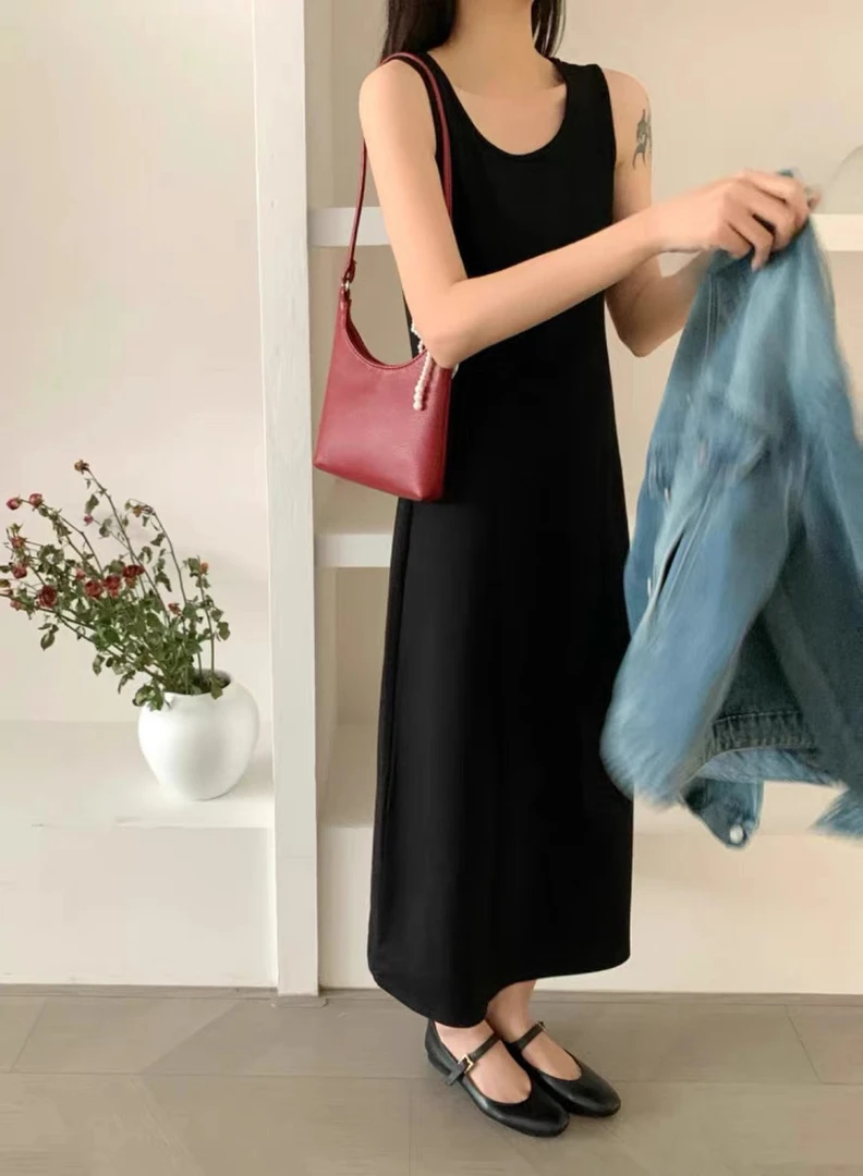 薇莎2803【掐腰折皱】显瘦百搭黑色背心连衣裙