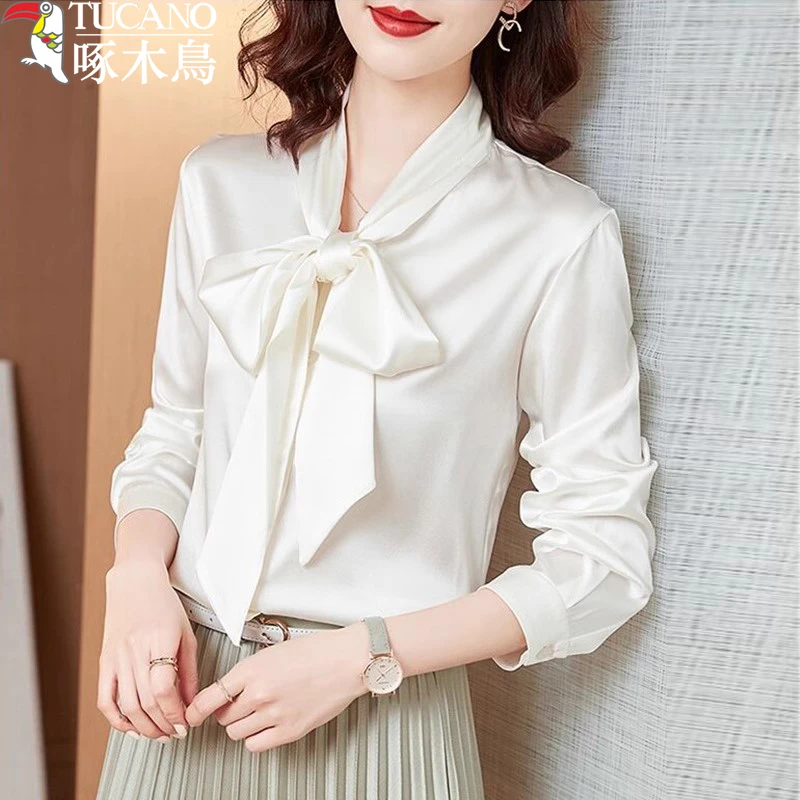 TUCANO/啄木鳥飘带蝴蝶结绸缎面衬衫女长袖春秋新款洋气职业衬衣