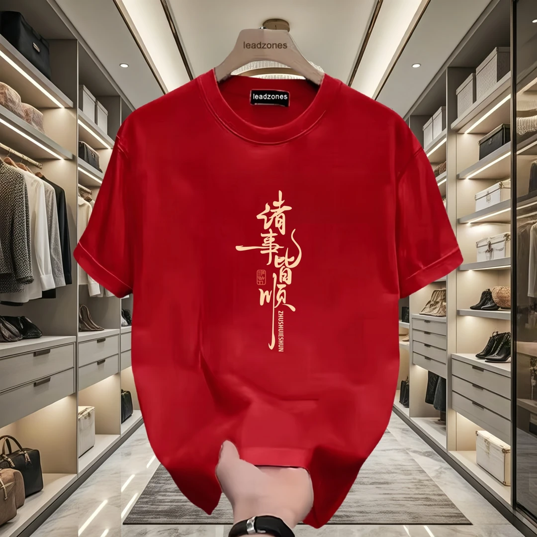 时尚新年春夏男士高级潮牌短袖帅气青年百搭轻奢休闲红色T恤上衣