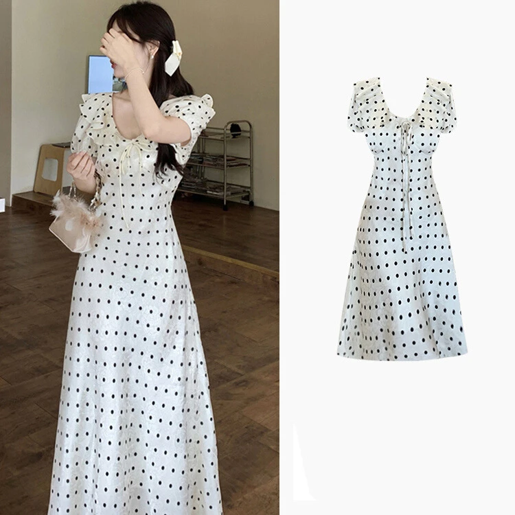 大码温柔风法式荷叶边波点连衣裙女夏季2025新款收腰显瘦白色裙子