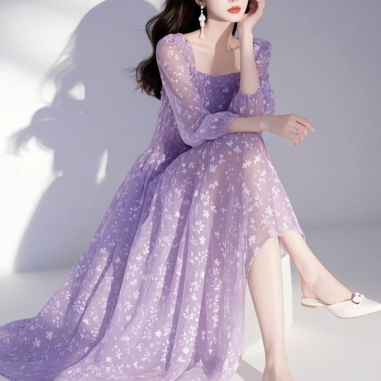 XOQ法式紫色碎花雪纺连衣裙2025早春新款度假风超仙女收腰长裙子