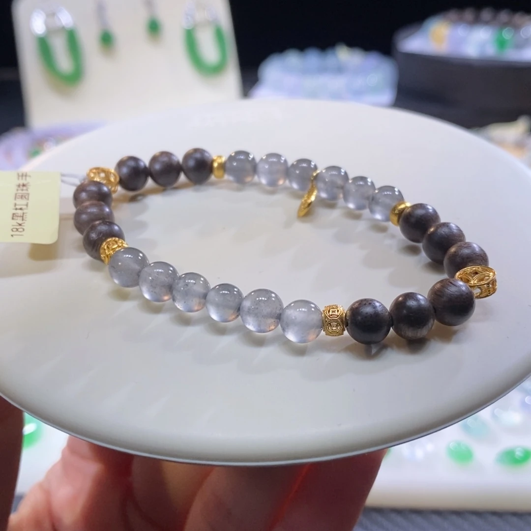翡翠未镶嵌手串18K金黑钢手串卡6+