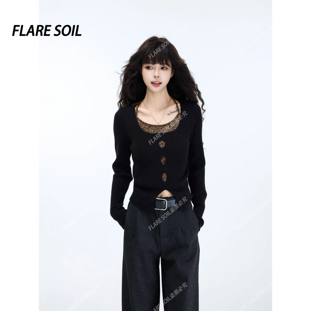 【FLARE SOIL】设计感法式豹纹拼接吊带修身针织打底 T40304A