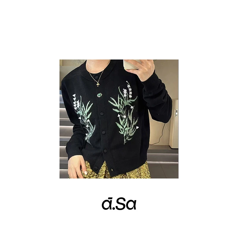 ASA-【黑色植物提花长袖开衫】（wt00113）