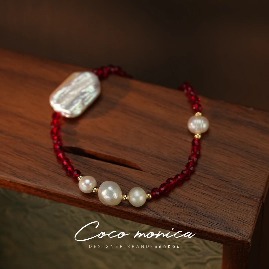 【小霞珠宝】天然水晶手链轻奢时尚编织红色珍珠女款手链WE137